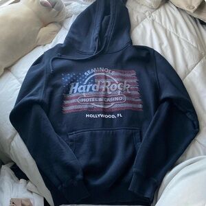 Hard Rock Cafe Dark Blue Hoodie with American Flag Design